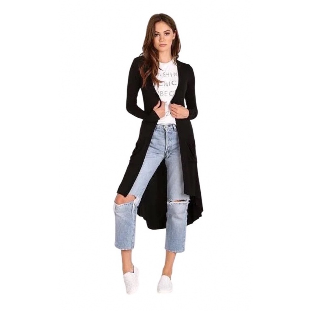 Joah Brown Soleil Cardigan Black Ribbed OS Long Duster Made USA Minimalist Boho